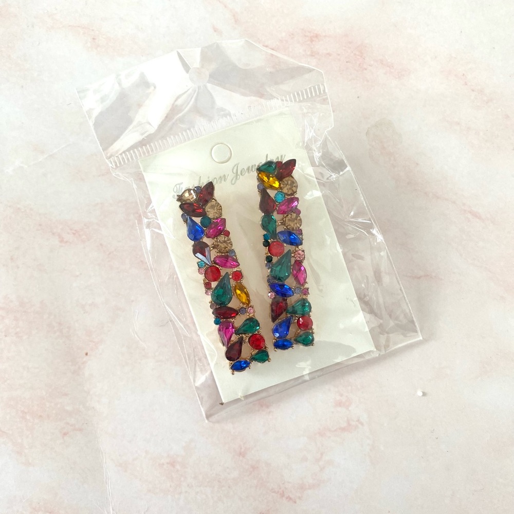 Rhinestone Rectangle Statement Earrings - Picture 3 of 4